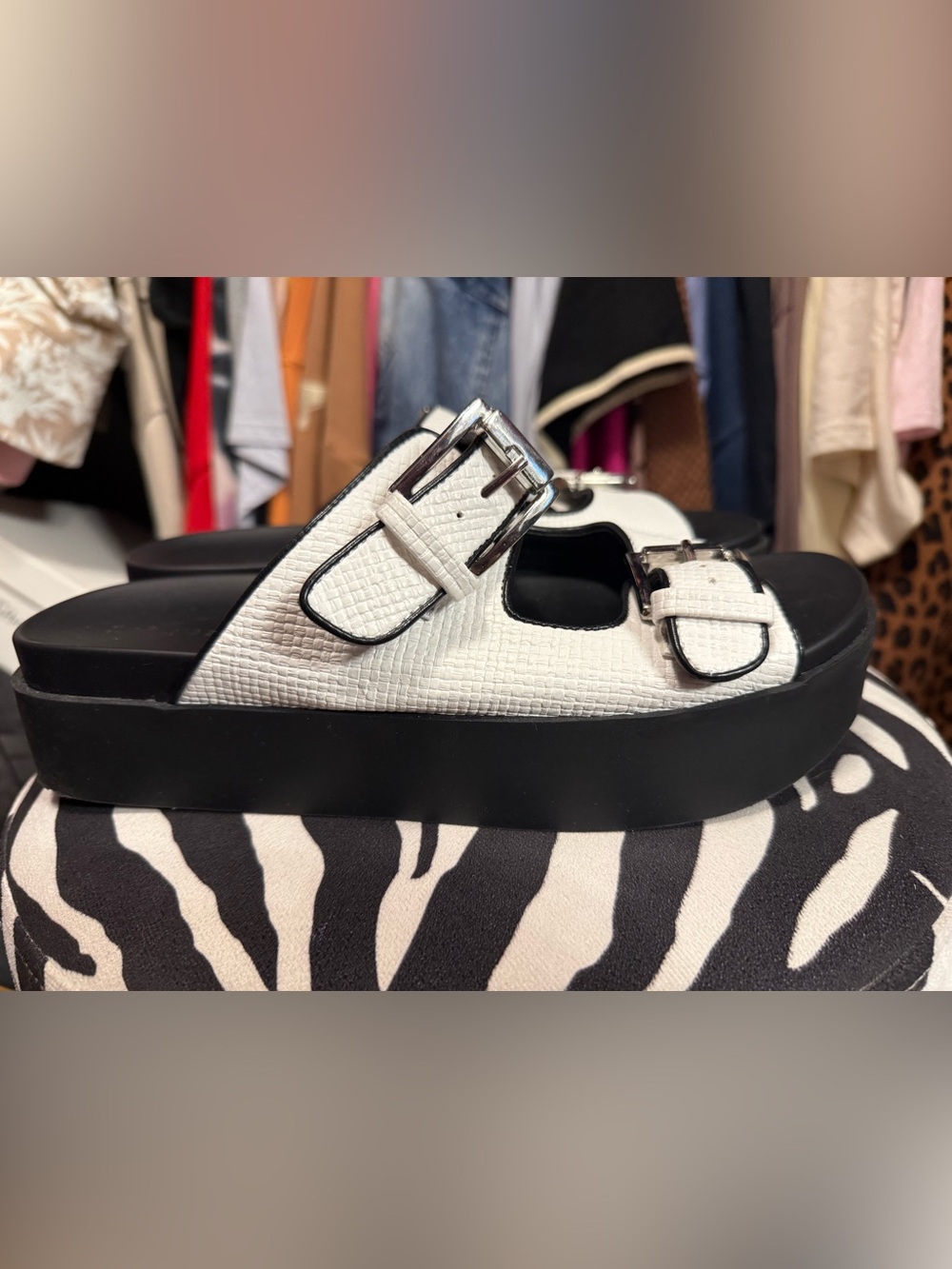 Indigo White and Black Platform Slide Sandals with Buckles